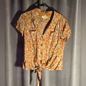 Anthropologie Orange and Red Tie Front Blouse